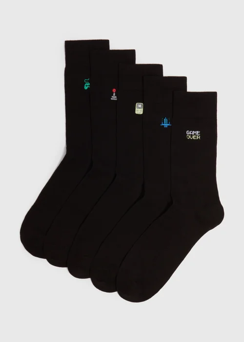 5 Pack Black Gaming Embroidery Socks - 6-8.5 Image 1