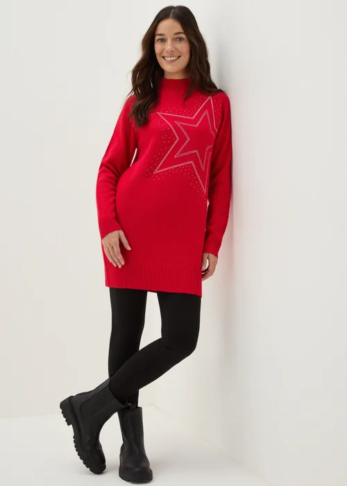 Red Star Embellished Knitted Longline Jumper - XS Image 1