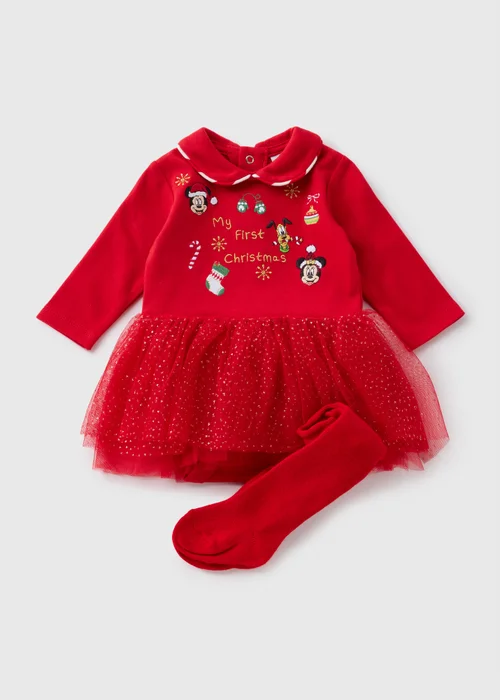 Disney Baby Red Christmas Minnie Mouse Dress & Tights (Newborn-12mths) - First Size Disney Baby Red Christmas Minnie Mouse Dress & Tights (Newborn-12mths) - First Size