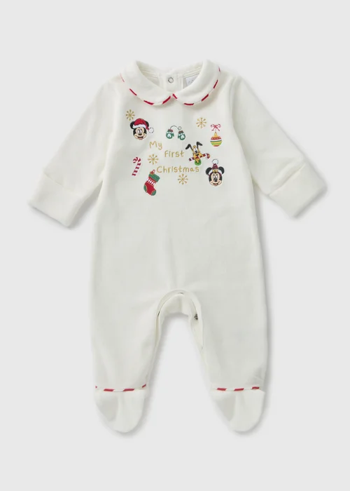 Disney Baby Cream Mickey Mouse Christmas Sleepsuit (Newborn-12mths) - Age 0 - 3 Months Image 1