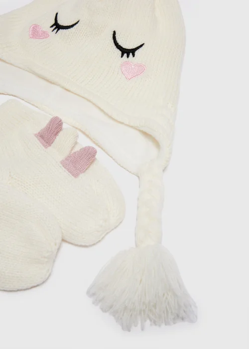 Girls Cream Unicorn Hat & Mitten Set (3-10yrs) - Age 7-10 Years Image 2
