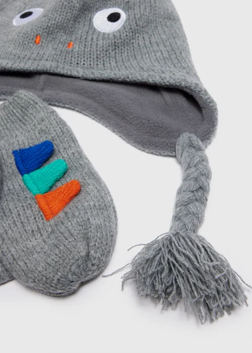 Kids Grey Dino Trapper Hat & Mittens Set (3-10yrs) - Age 3 - 6 Years Image 2