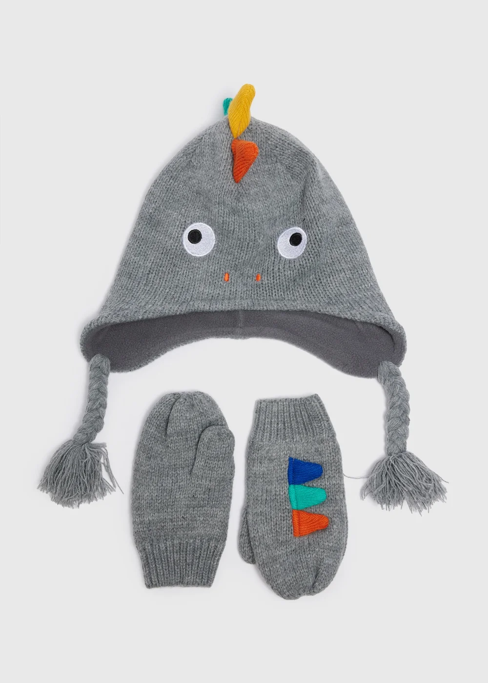 Kids Grey Dino Trapper Hat & Mittens Set (3-10yrs) - Age 3 - 6 Years Image 1