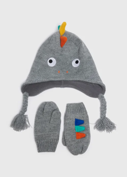Kids Grey Dino Trapper Hat & Mittens Set (3-10yrs) - Age 3 - 6 Years Image 1