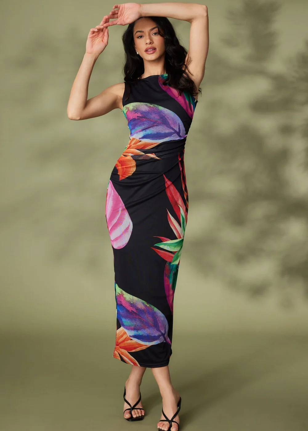 Quiz Black Mesh Tropical Print Midaxi Dress - 6 Image 1