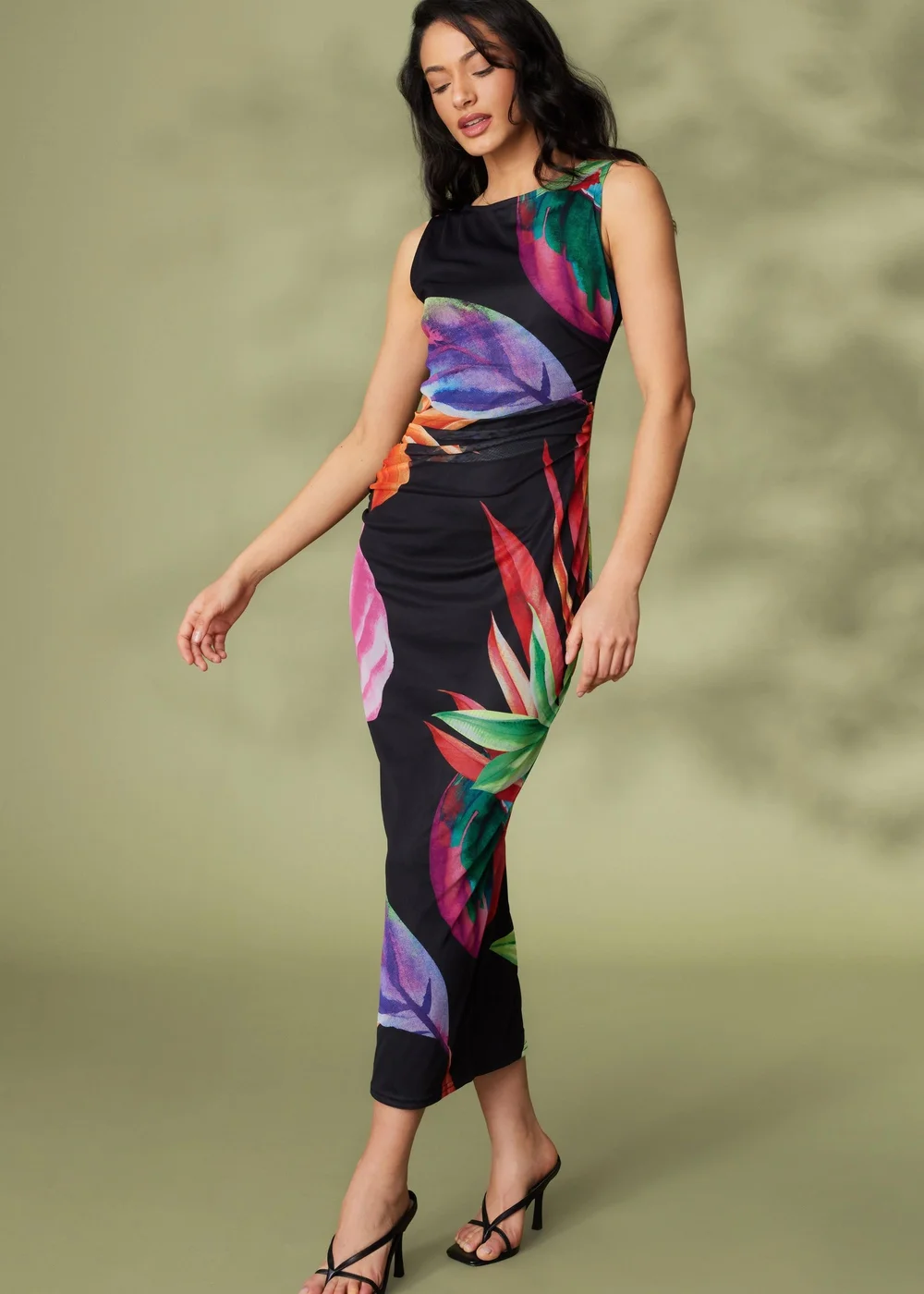 Quiz Black Mesh Tropical Print Midaxi Dress - 6 Image 3