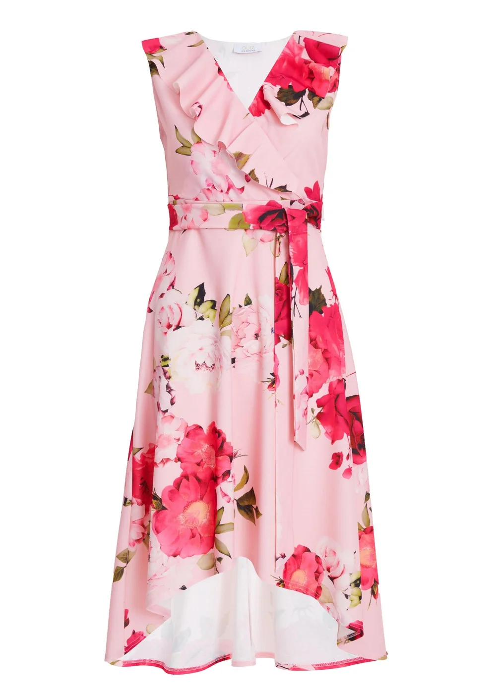 quiz pink dip hem dress Quiz Pink Curve Floral Dip Hem Tiered Midi Dress - 16