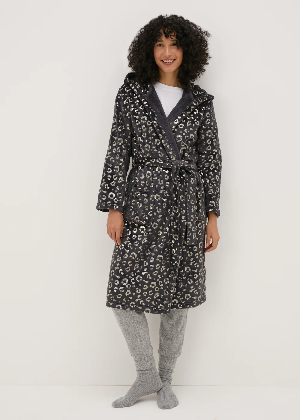 Charcoal Foil Animal Print Fleece Dressing Gown - Extra small Image 1