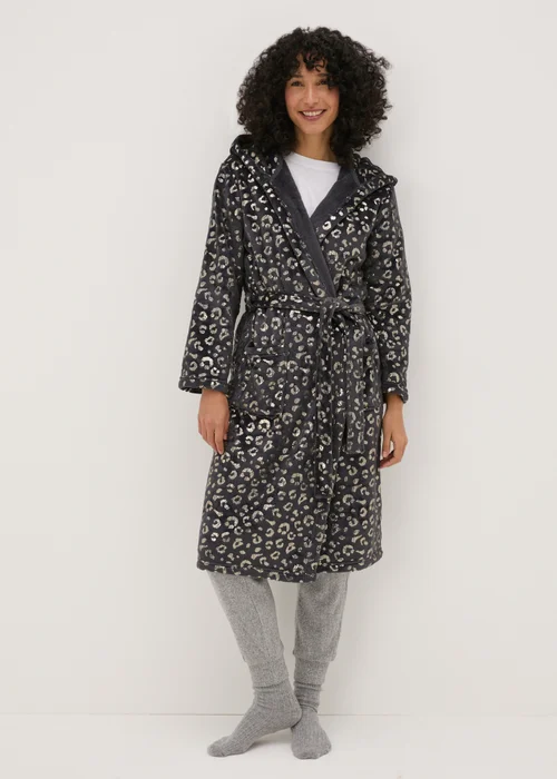 Charcoal Foil Animal Print Fleece Dressing Gown - Extra small Image 1