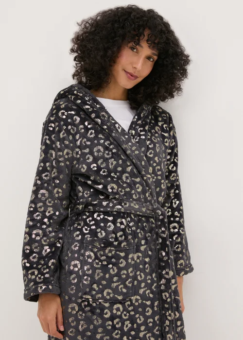 Charcoal Foil Animal Print Fleece Dressing Gown - Extra small Image 2