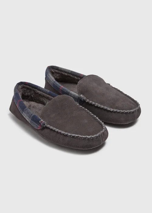 Charcoal Check Suede Moccasin Slippers - 6 Image 1