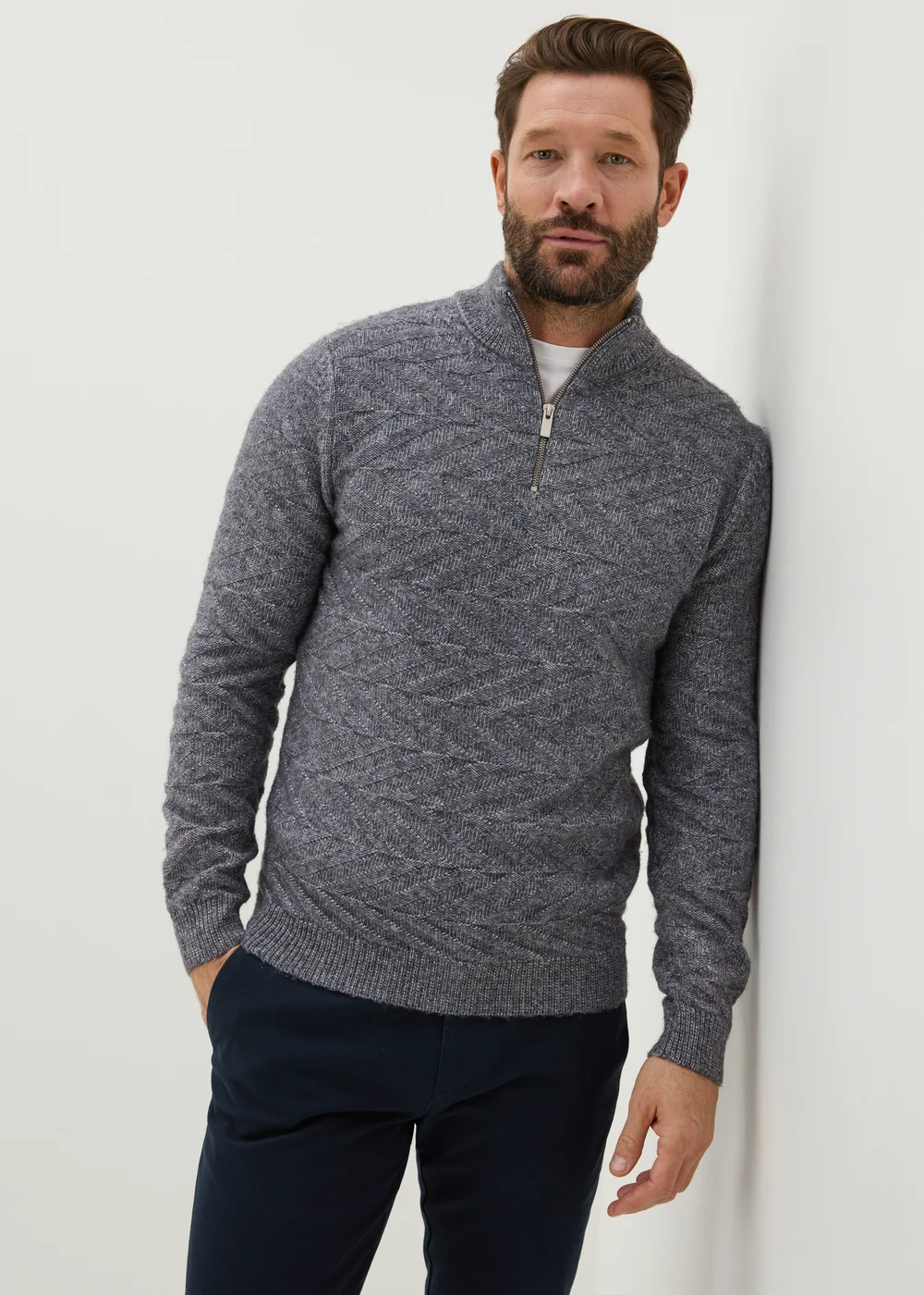 Blue Knitted 1/4 Zip High Neck Jumper - S Image 2