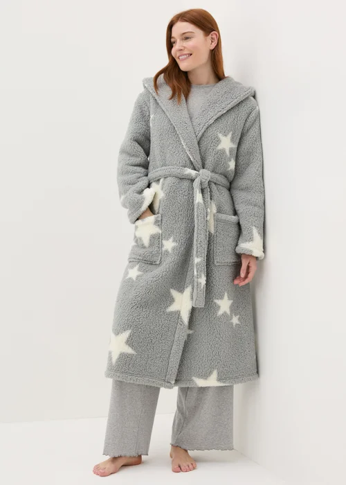 grey dressing gown with stars Girls Light Grey Star Print Hooded Dressing Gown