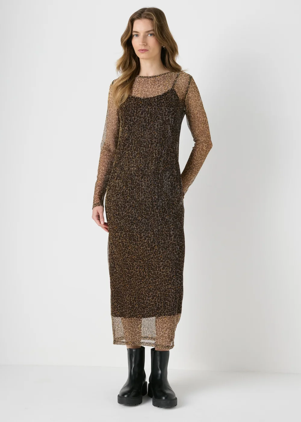 Brown Animal Plisse Midi Dress - 8 Image 1