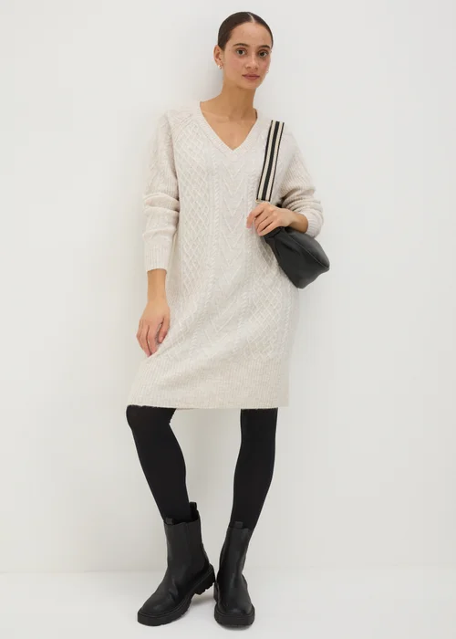 Beige V-Neck Cable Knit Mini Dress - XS Image 1