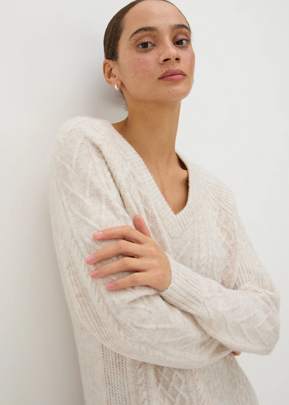 Beige V-Neck Cable Knit Mini Dress - XS Image 2