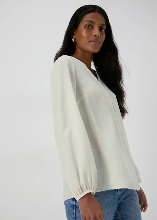Cream Textured V-Neck Blouse - 8 Image 1