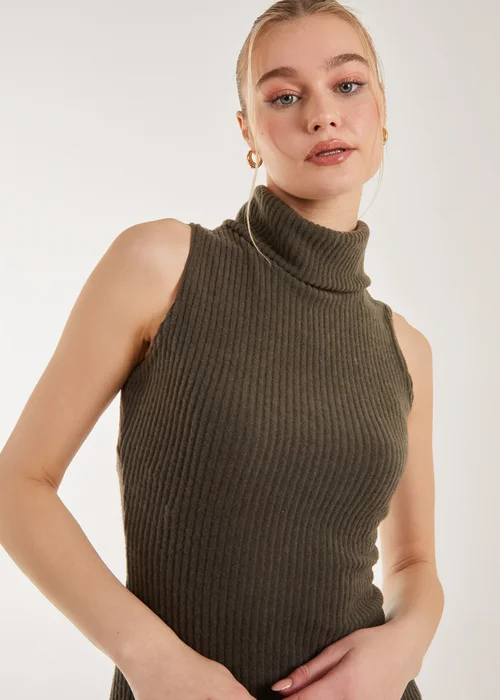 Pink Vanilla Khaki Brushed Sleeveless Polo Neck Mini Dress - 6 Image 3