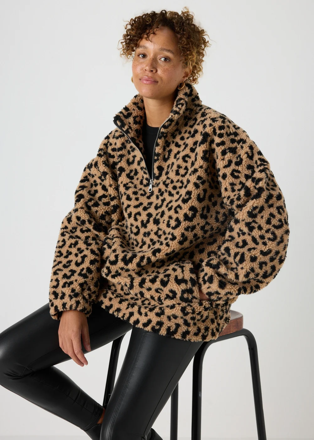 Brown Leopard Borg Half Zip Jumper - S Image 1