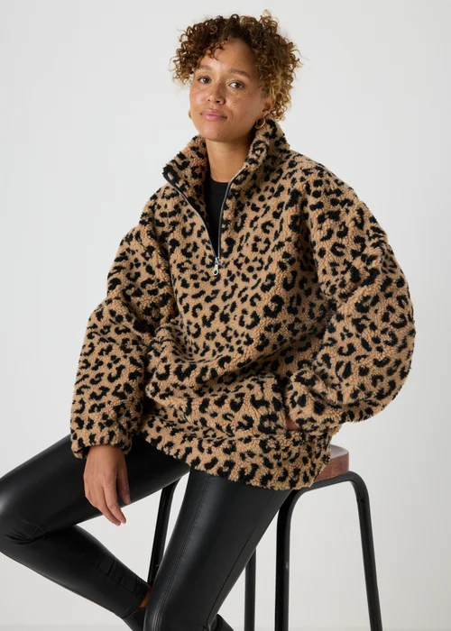 Brown Leopard Borg Half Zip Jumper - S Image 1
