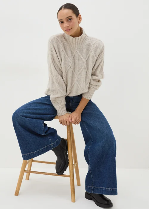 Beige Cable Knit High Neck Jumper - XS Image 2