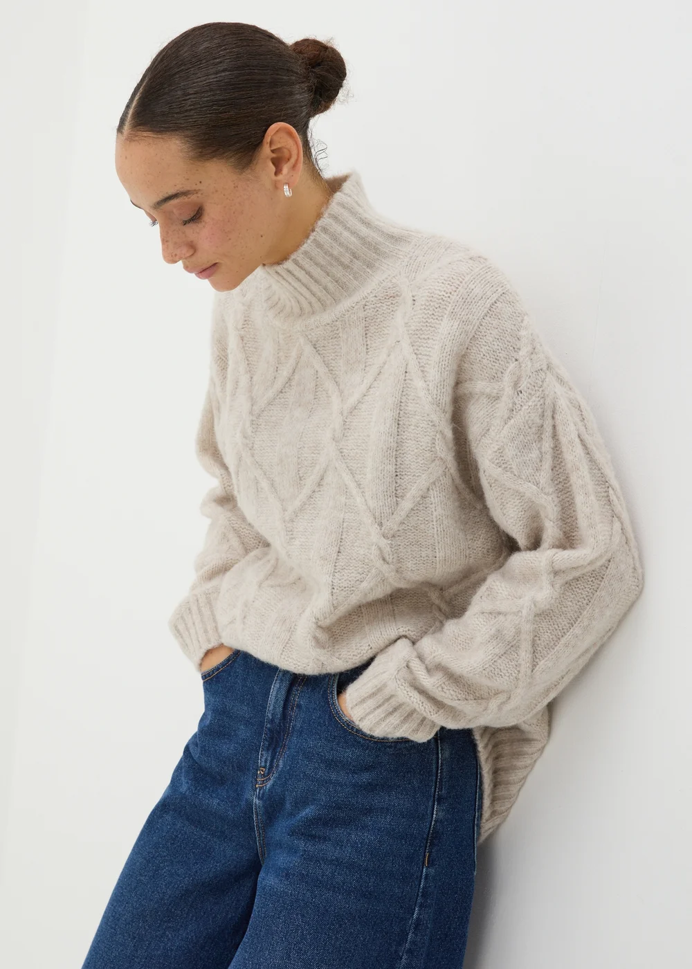 Beige Cable Knit High Neck Jumper - XS Image 1