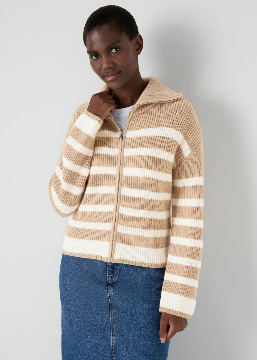 Beige Stripe Zip Knitted Cardigan - XS Image 1