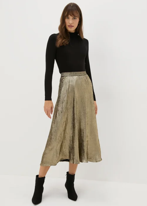 Gold Crushed Metallic Midaxi Skirt - Size 8 Image 1