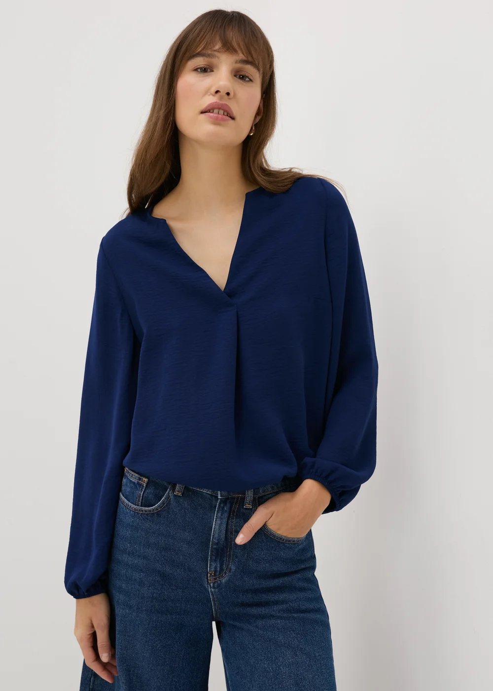 Navy V-Neck Blouse - 8 Image 1