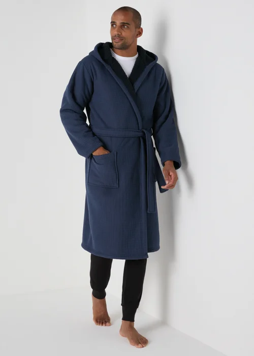 Blue Textured Bonded Hood Dressing Gown - Small Image 1