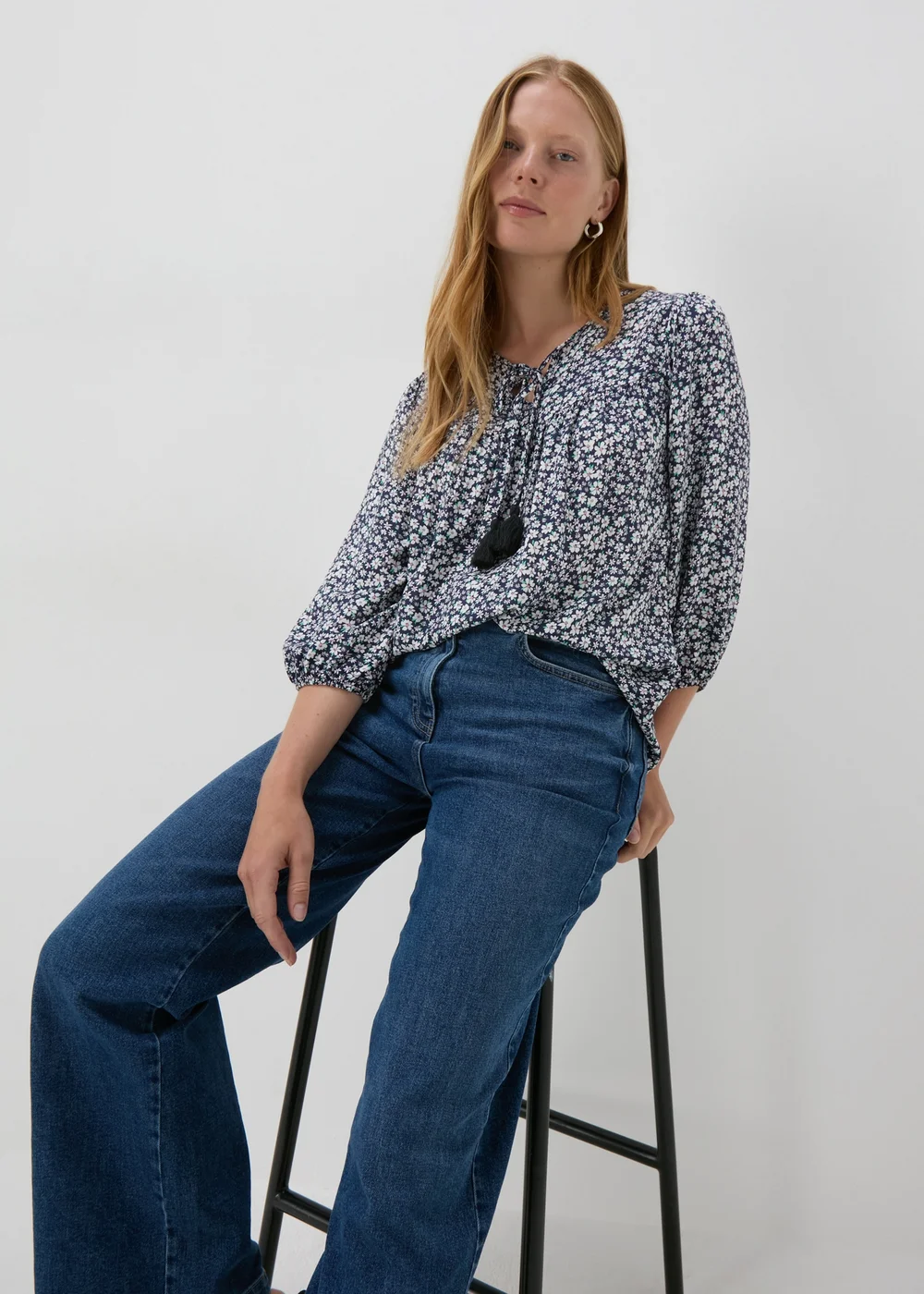 Navy Floral Boho Blouse - 8 Image 1
