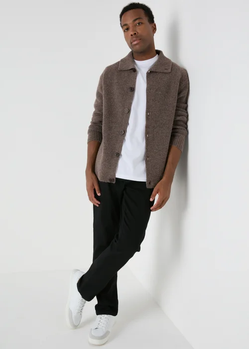 Brown Funnel Neck Button Knit Cardigan - S Image 3
