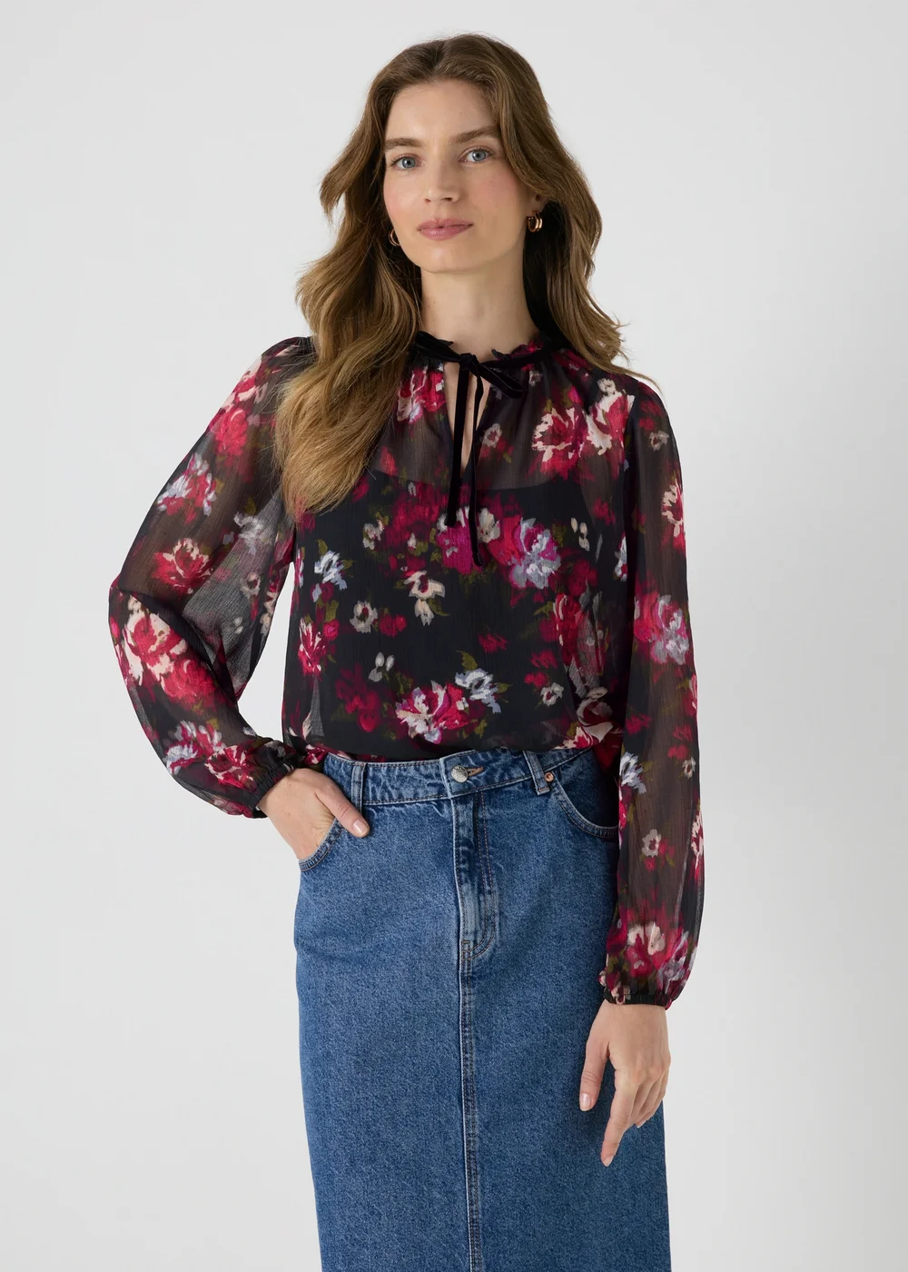 Black Floral Chiffon Blouse - Size 8 Image 1