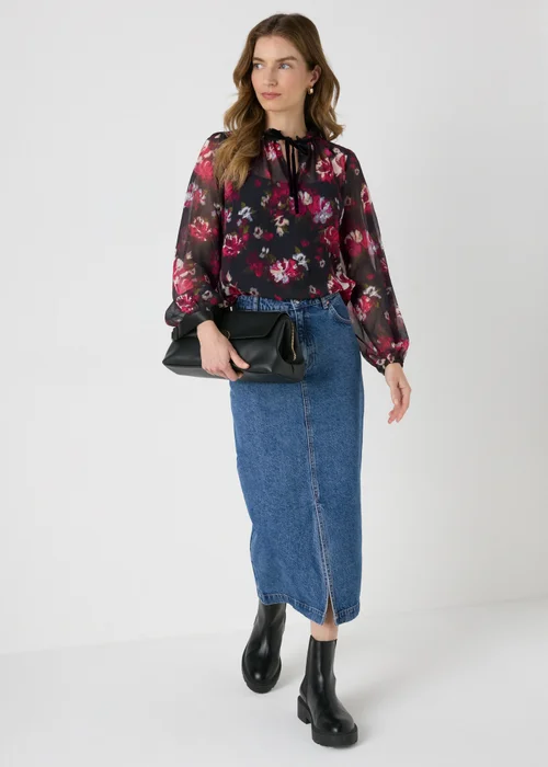Black Floral Chiffon Blouse - Size 8 Image 3