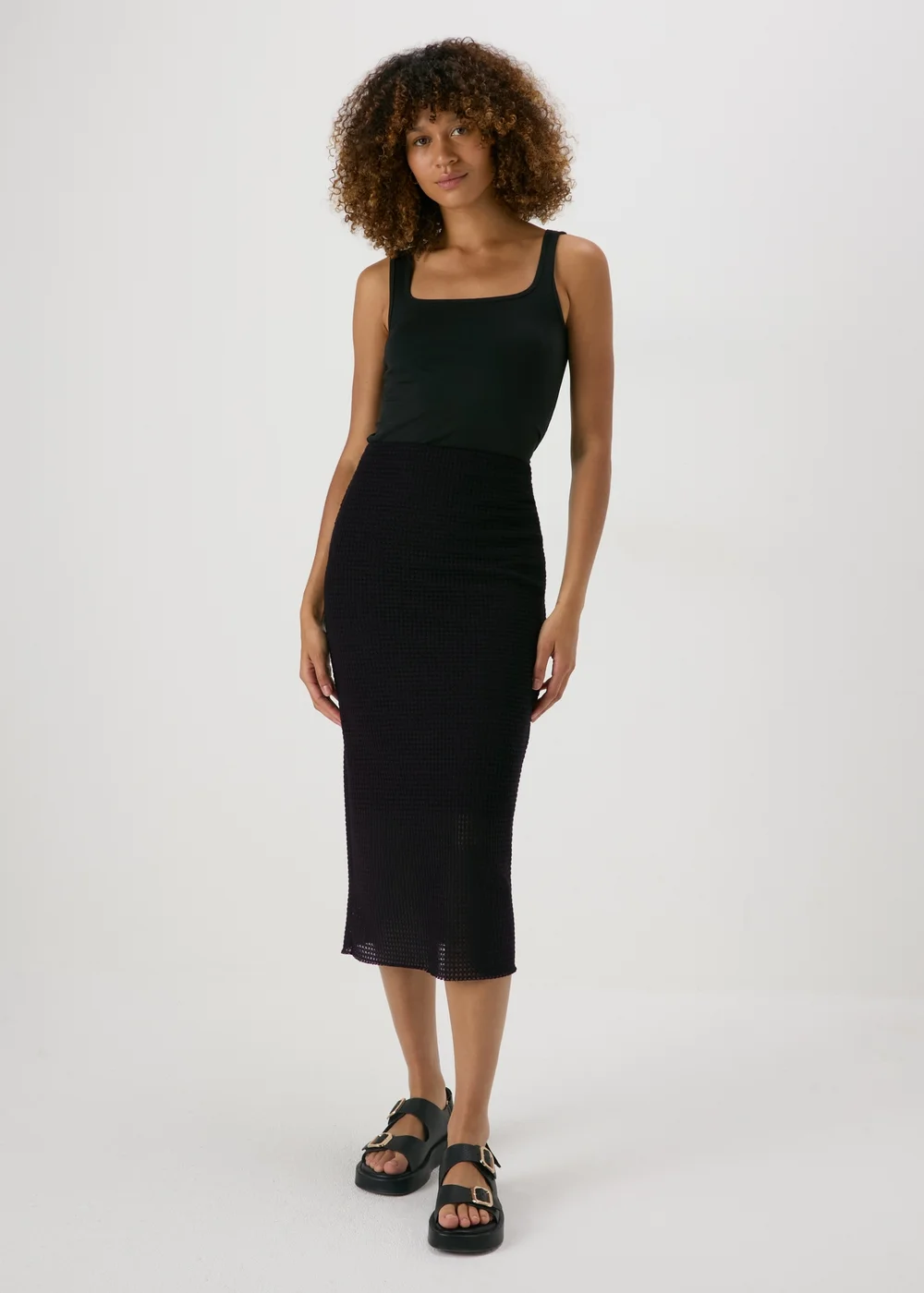 Black Textured Knit Midi Skirt - 8 Image 1