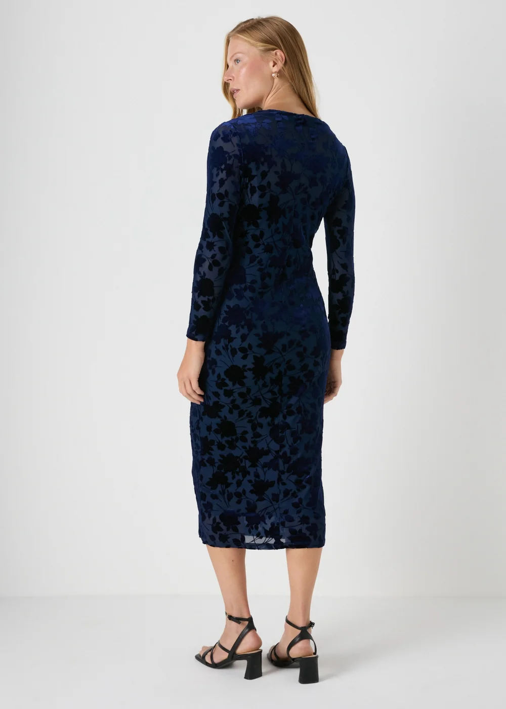 Navy Slash Neck Devore Midi Dress - 8 Image 2