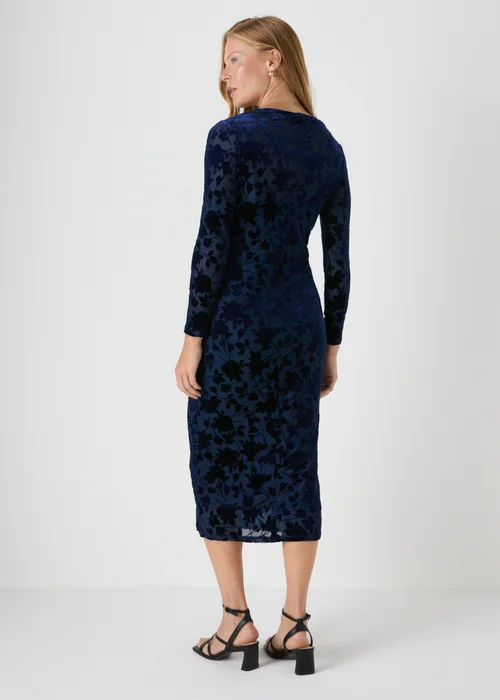 Navy Slash Neck Devore Midi Dress - 8 Image 2