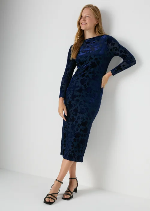 Navy Slash Neck Devore Midi Dress - 8 Image 1