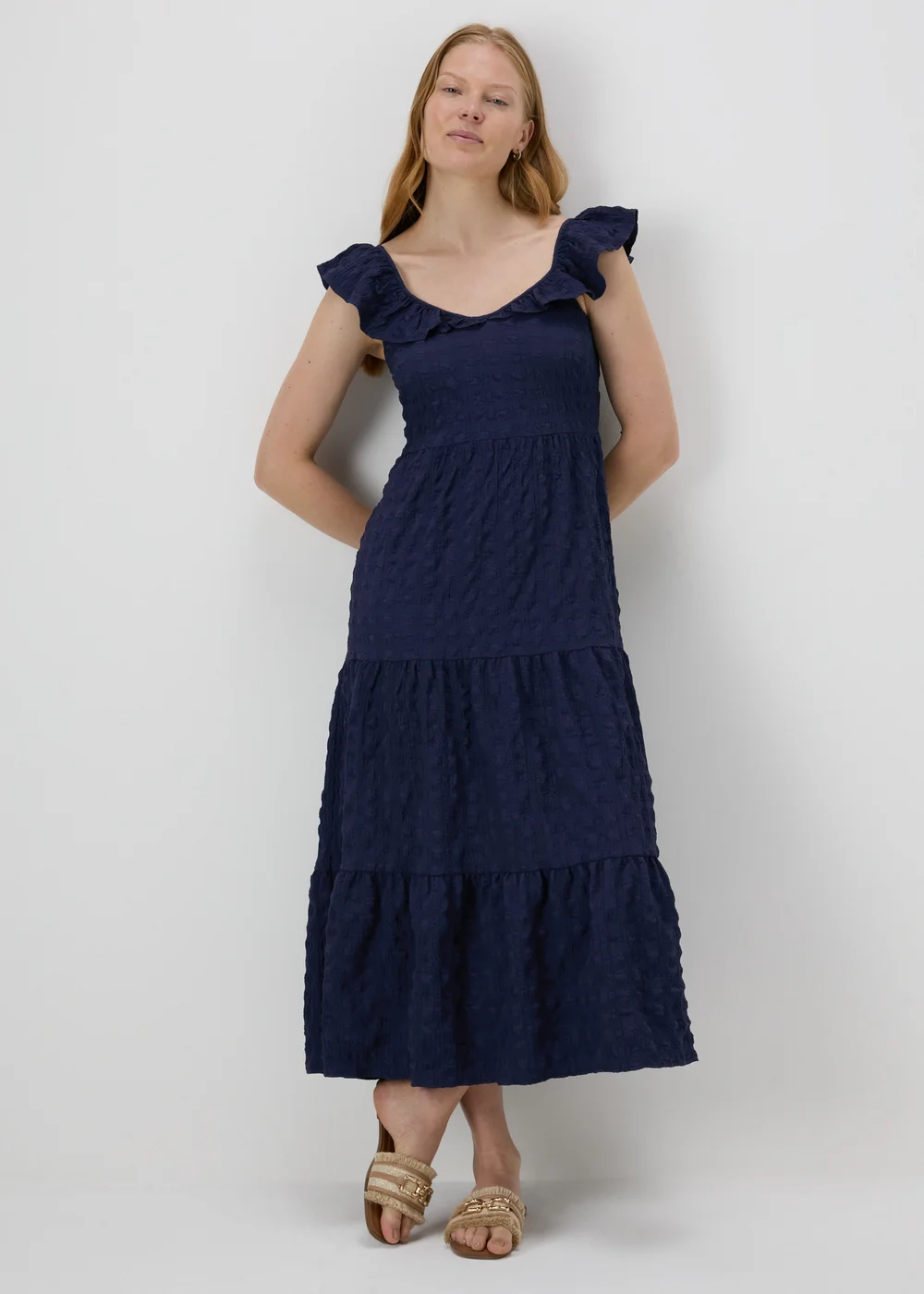 Navy Tiered Textured Midaxi Dress - Size 8 Image 1