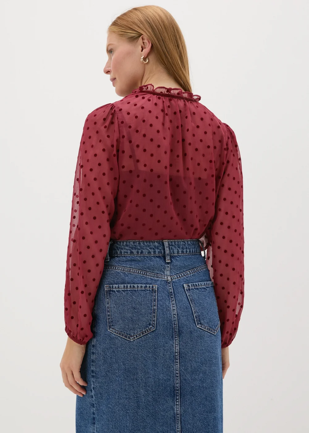 Burgundy Dobby Spot Tie Neck Blouse - 8 Image 2