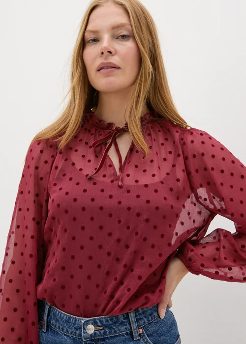 Burgundy Dobby Spot Tie Neck Blouse - 8 Image 3