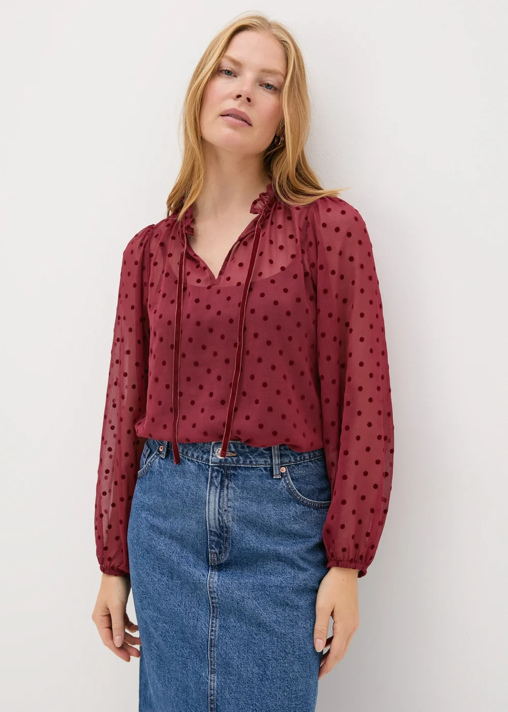 Burgundy Dobby Spot Tie Neck Blouse - 8 Image 1