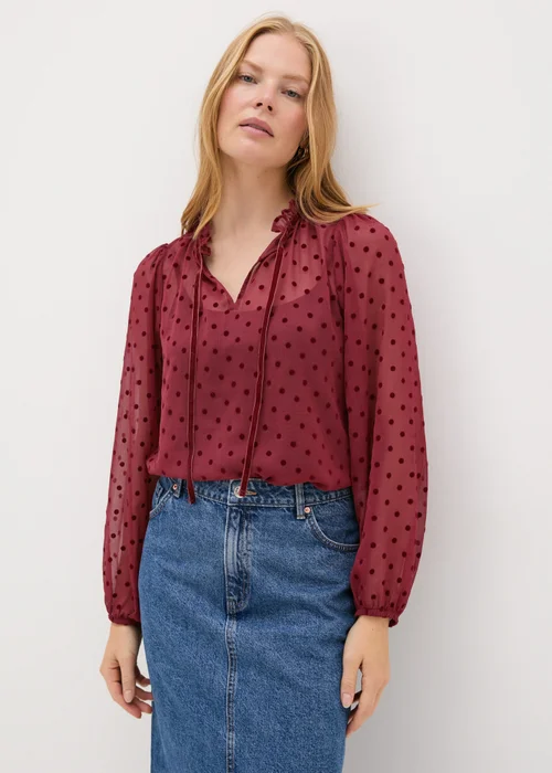 Burgundy Dobby Spot Tie Neck Blouse - 8 Image 1