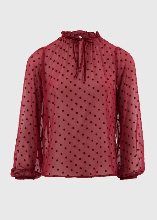 Burgundy Dobby Spot Tie Neck Blouse - 8 Image 4