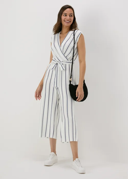 White Stripe V-Neck Jumpsuit - 8 Image 1