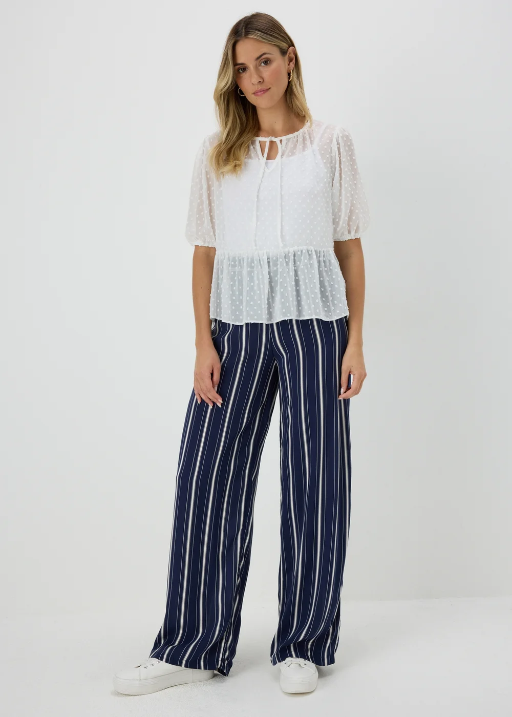 Navy Stripe Wide Leg Trousers - Size 8 Image 4