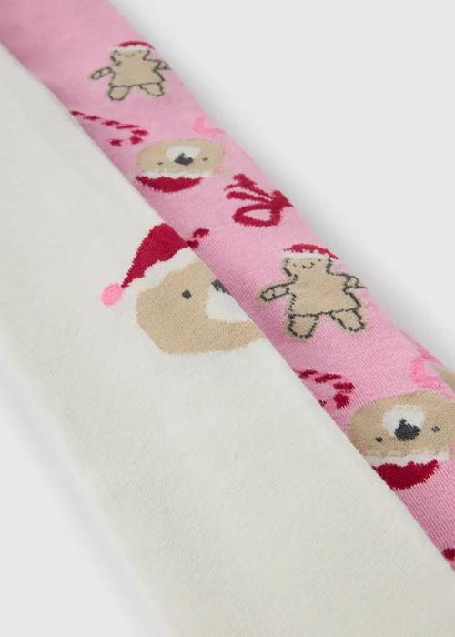 2 Pack Pink & Cream Christmas Bear Tights (2-11yrs) - 2-3 Yrs Image 2