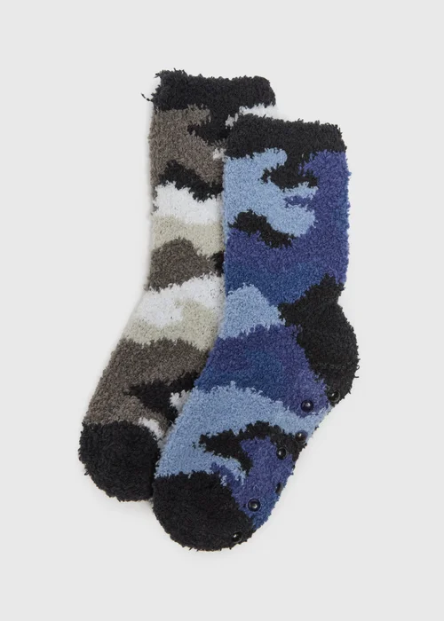 2 Pack Boys Navy Camouflage Fluffy Socks (Younger 6- Older 6.5) - 4-6.5 Image 1