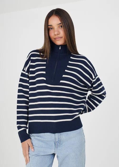 Brave Soul Navy Striped 1/2 Zip Knitted Jumper - XS Image 1
