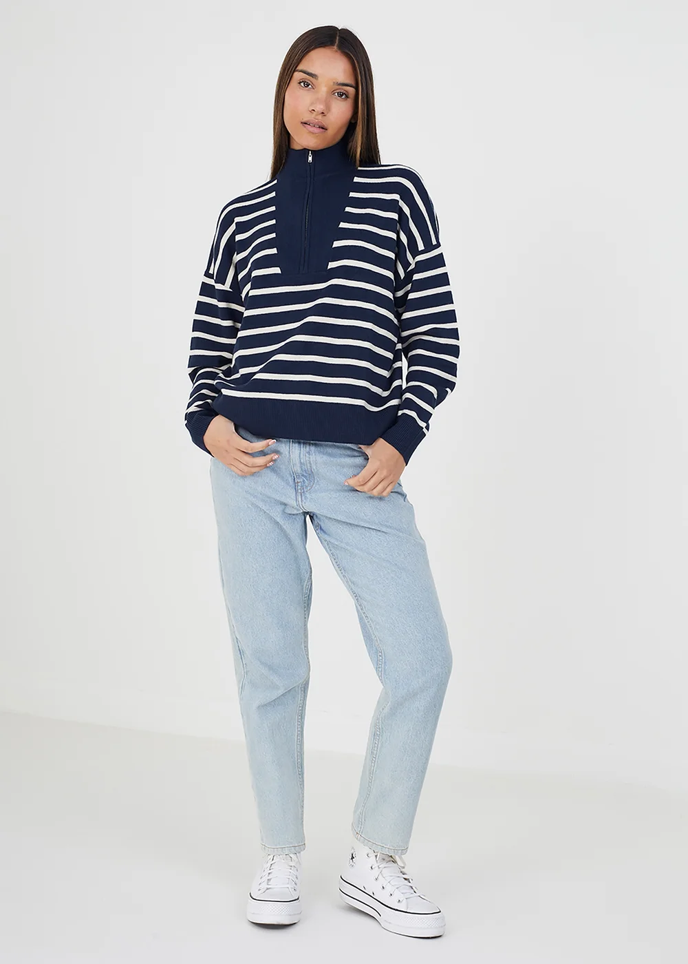 Brave Soul Navy Striped 1/2 Zip Knitted Jumper - XS Image 3